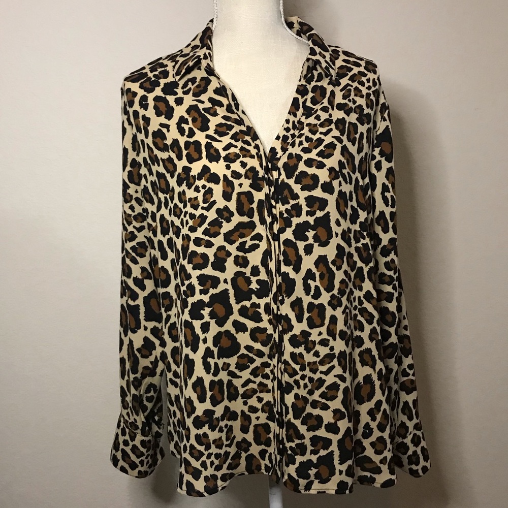Worthington petite leopard long sleeve blouse XL